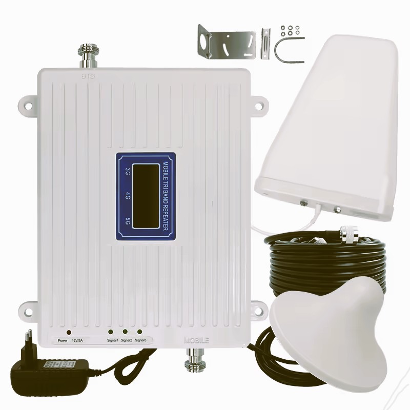 Complete signal booster kit with outdoor antenna, indoor antenna, main unit, and cables